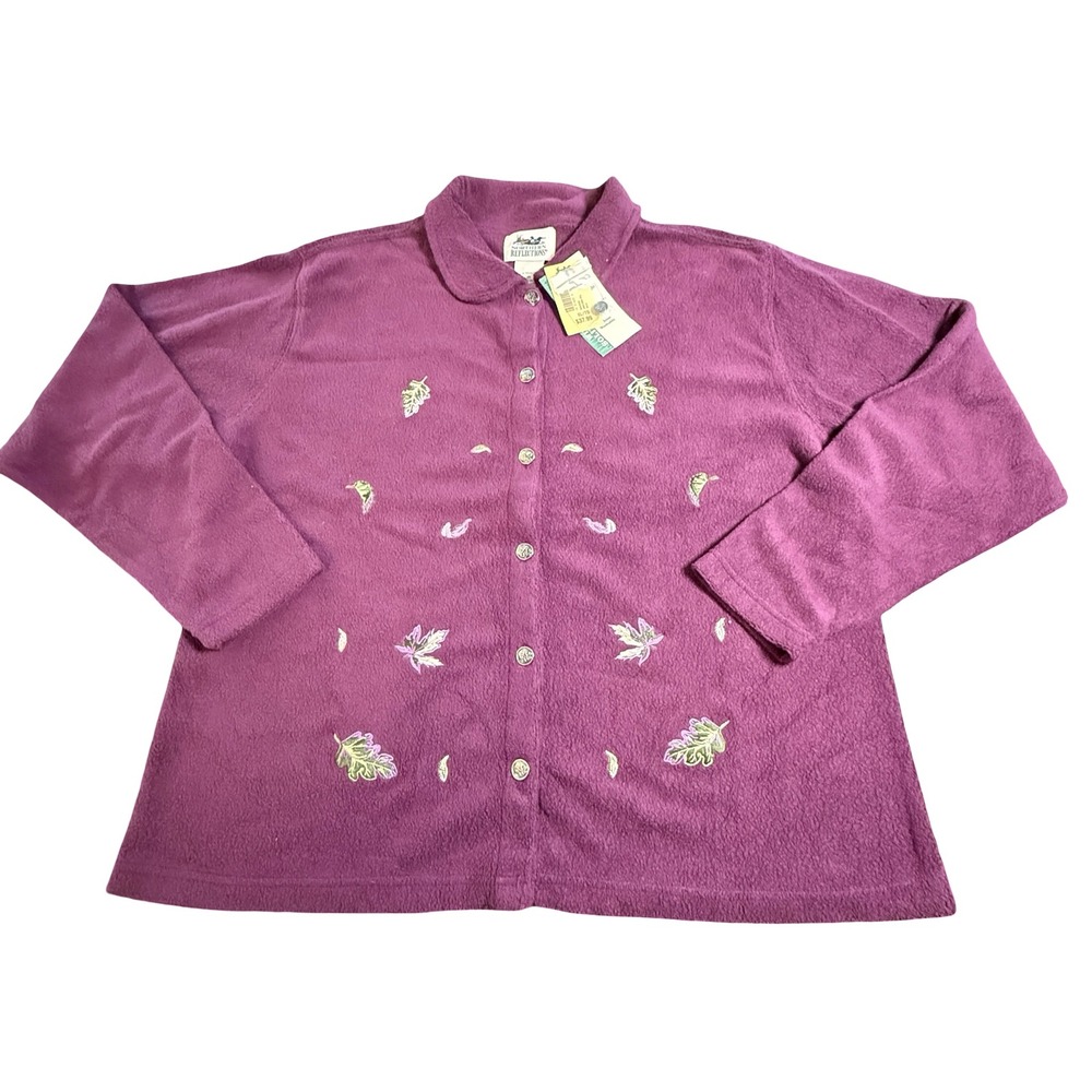 Vintage Northern Reflections Wilderness Solitude Purple Fleece Leaf Cardigan XL